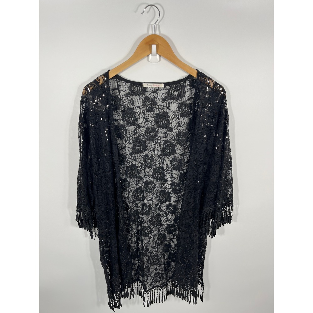 Vintage Womens Kimono L Lace Floral Fringe Sequins Whimsigoth Dark Fairy Concert